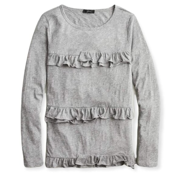 J Crew Ruffled Vintage Cotton Long Sleeve T-Shirt Grey Size Large Tee‎ Crew Neck - Picture 1 of 13